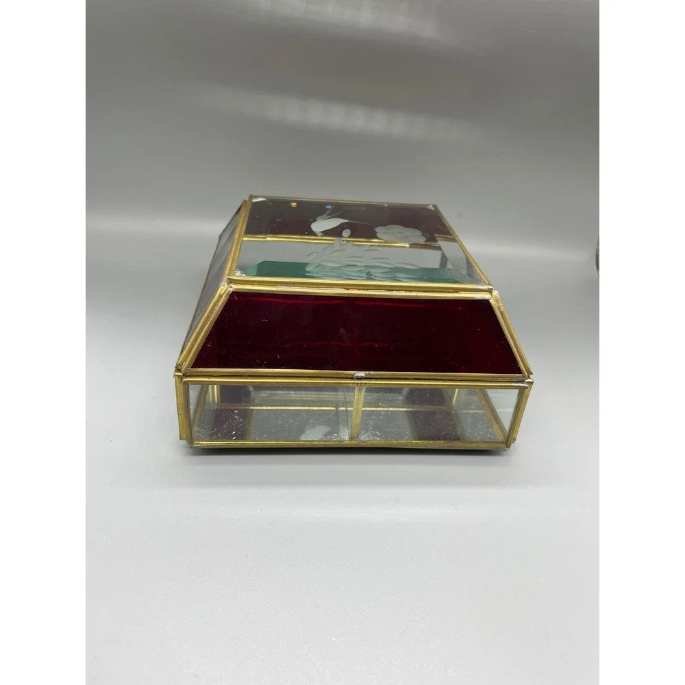 Vintage Red Stained Glass Brass Jewelry Box Etched‎ Hummingbird Floral Mirror